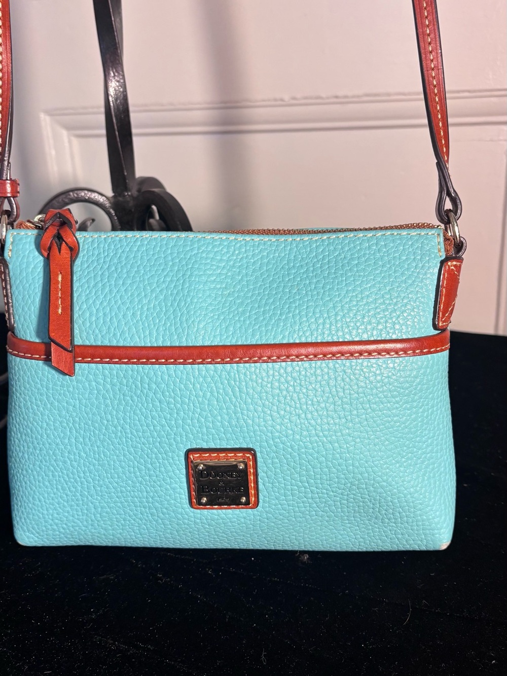 Dooney & Bourke Aqua Pebbled Leather Crossbody with Tan Trim - Picture 2 of 11